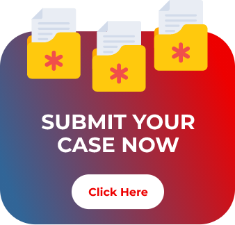 Banner quadrado com bordas arredondadas, no topo tem 3 ícones de documentos saindo de uma pasta, logo abaixo o texto 'SUBMIT YOUR CASE NOW' e por último um botão com o texto 'Click Here'
