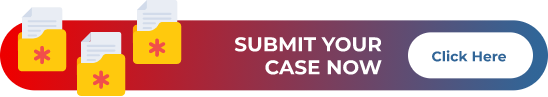 Banner fino como se fosse uma faixa, na esquerda tem 3 ícones de documentos saindo de uma pasta, ao centro o texto 'SUBMIT YOUR CASE NOW' e no lado direito um botão com o texto 'Click Here'